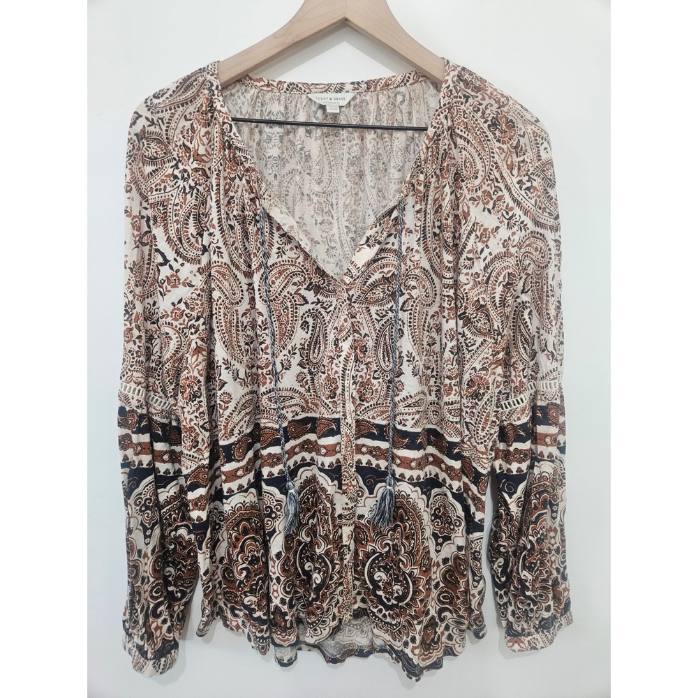 Lucky Brand Womens Paisley Peasant Blouse Brown Navy‎ Tassel Tie Top 2X